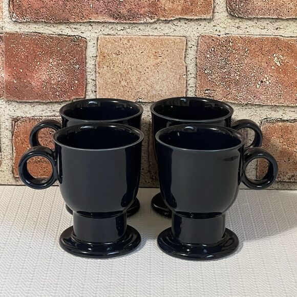 VINTAGE Cobalt Blue Ceramic Pedestal Expresso Coffee Mug Cup Set Of 4 Round - Picture 13 of 17
